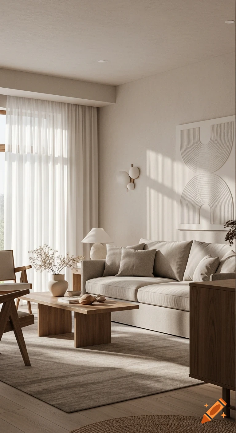 A quiet luxury living room with a neutral palette, linen sofa, wood accents, and natural morning light.