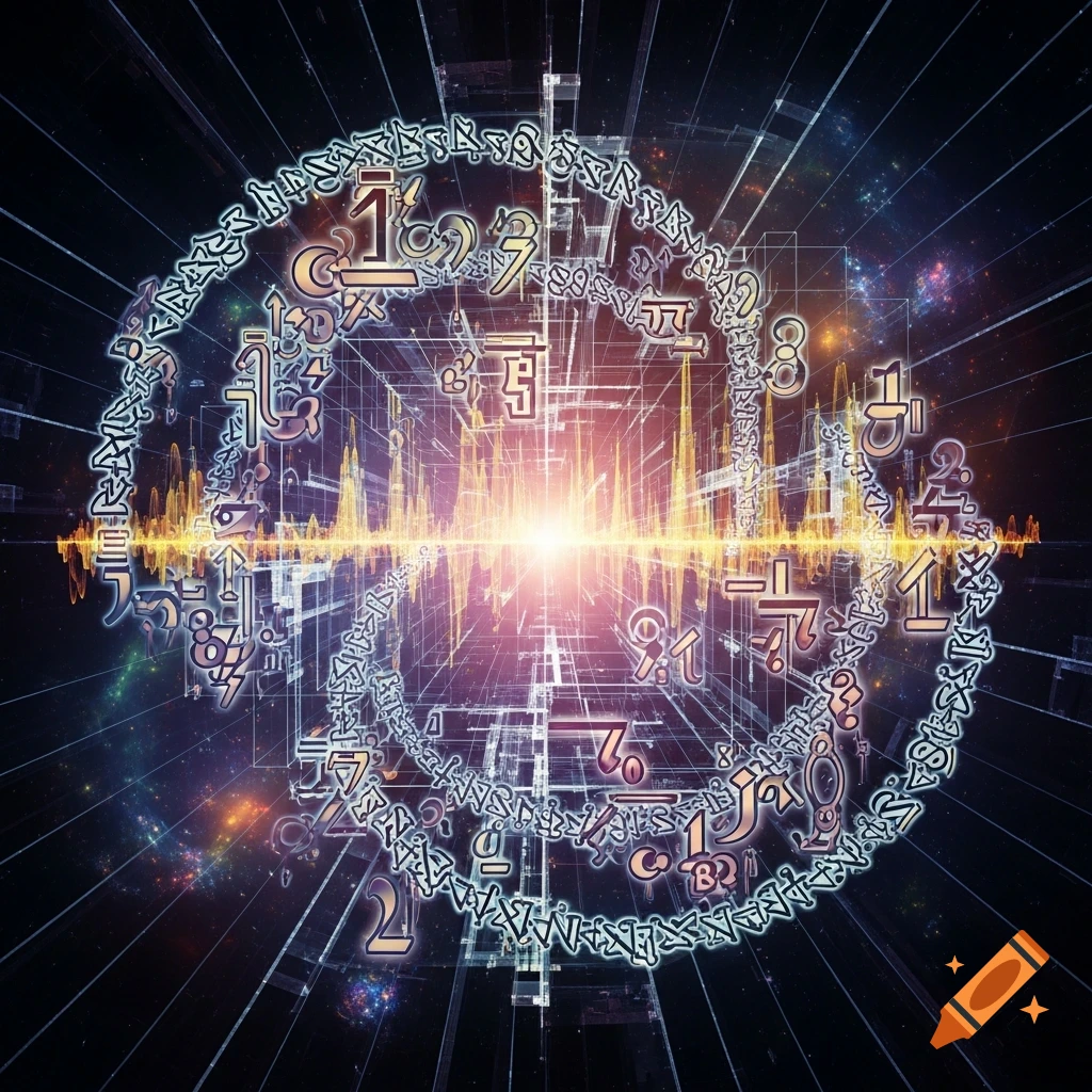 An abstract, glowing light bursts from a central point, surrounded by numbers, symbols, and grid lines in a dark, cosmic space.