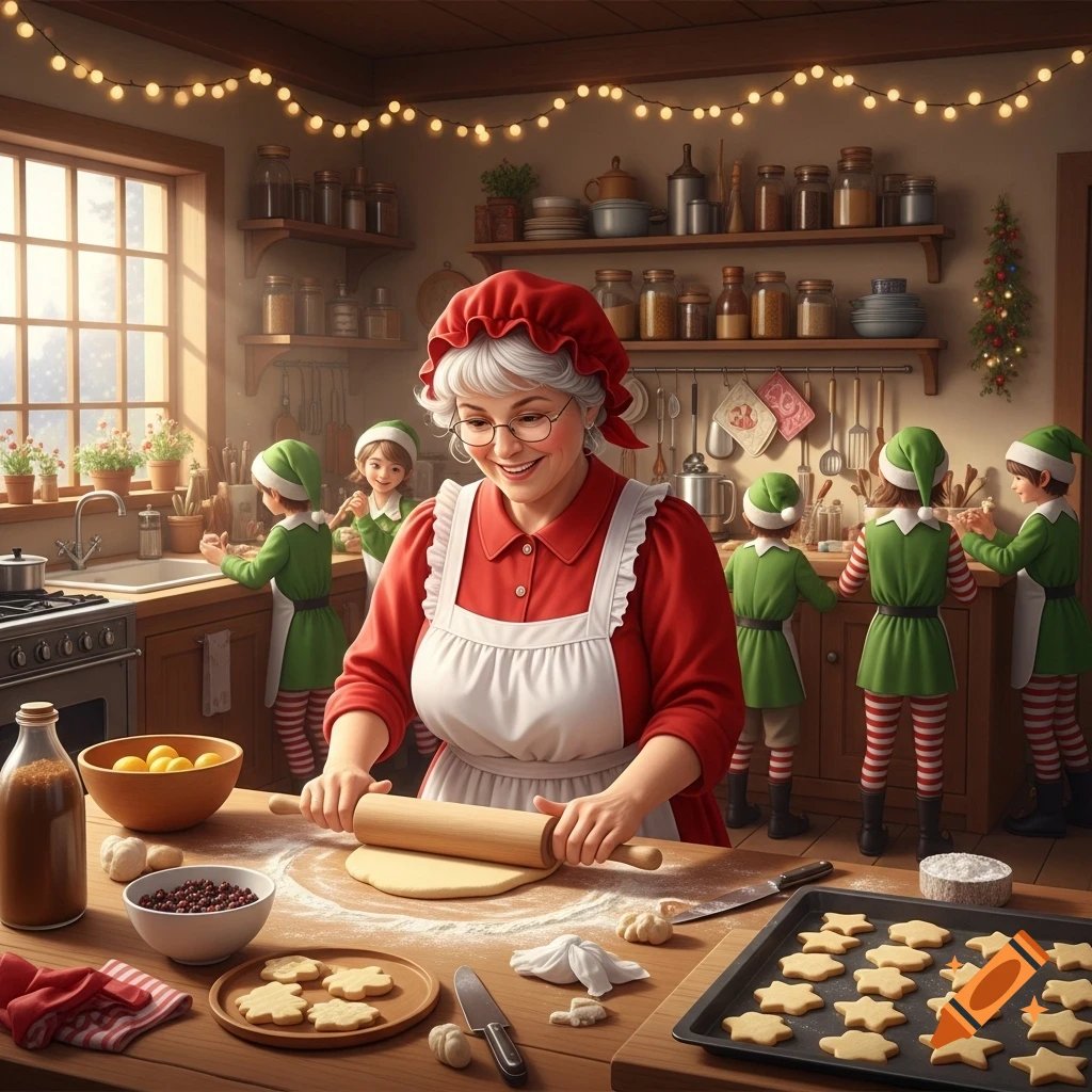 Mrs. Claus bakes cookies in a festive kitchen, surrounded by elves helping with holiday preparations.