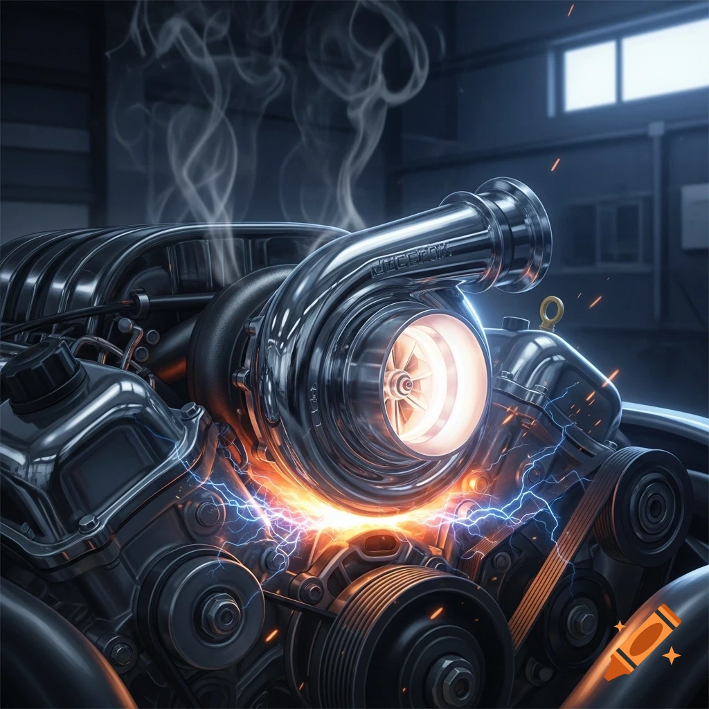 Photorealistic close-up of a glowing chrome turbocharger on an engine, surrounded by electrical sparks and smoke.