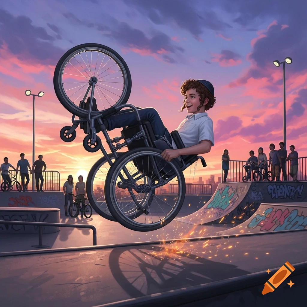 An illustrated Jewish kid in a wheelchair does a wheelie high in the air at a skatepark during sunset.