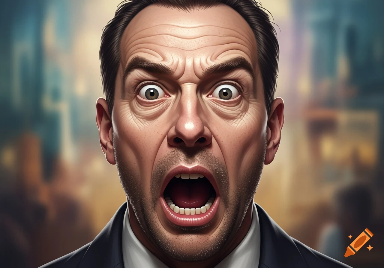 Close-up of a man's face with wide, shocked eyes and an open mouth, looking extremely surprised in a stylized realistic portrait.