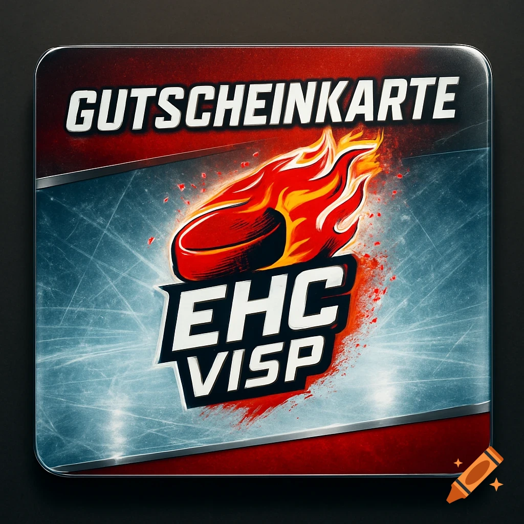 Hockey gift card design for EHC Visp, featuring a flaming puck on an ice texture background with 'GUTSCHEINKARTE EHC VISP' text.