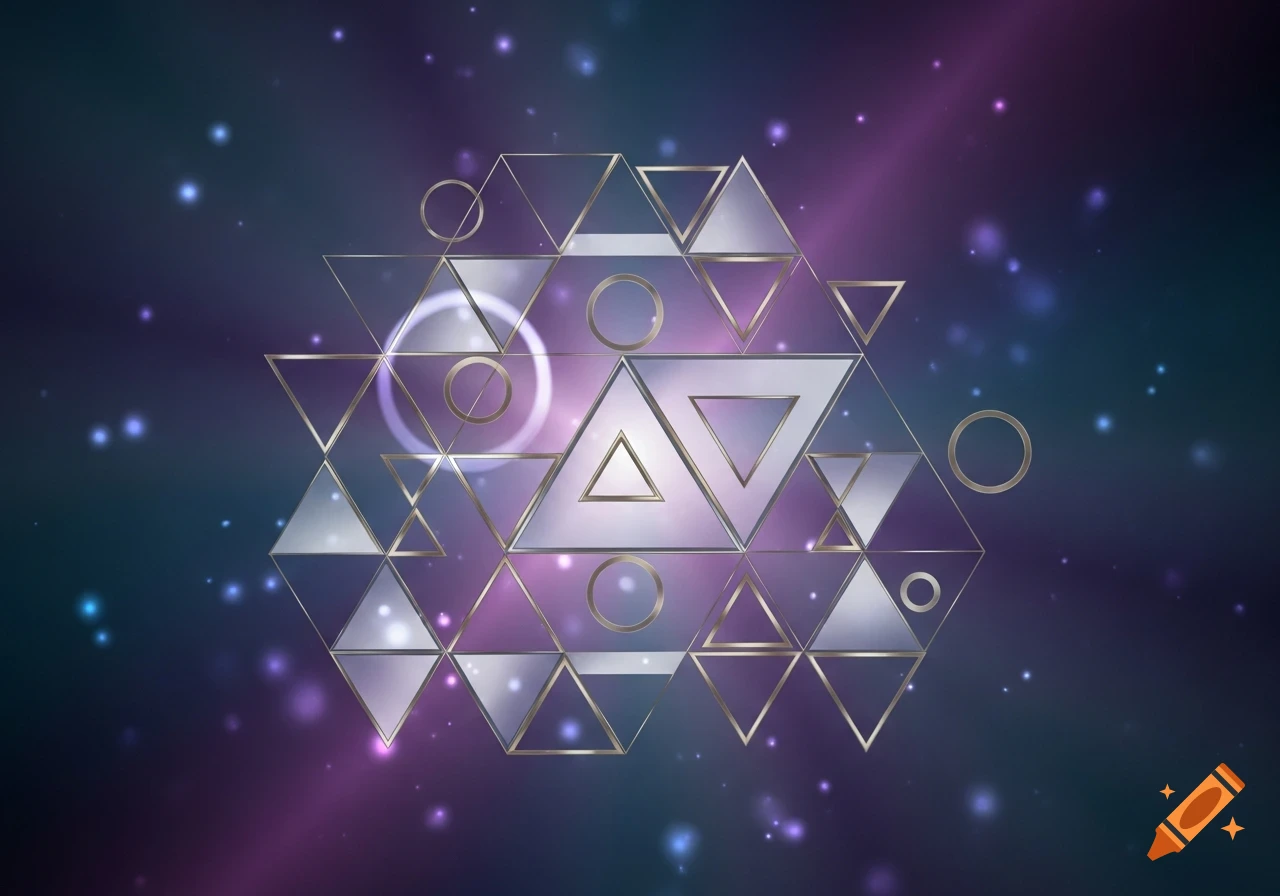 Abstract geometric design with silver-outlined triangles and circles on a sparkling purple and blue cosmic background.