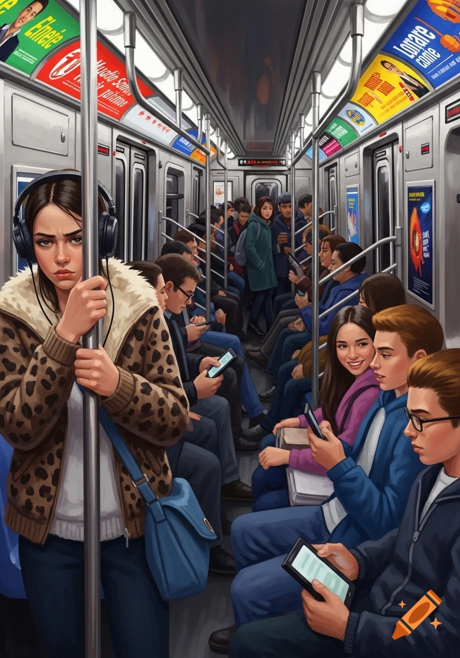 Digital illustration of a crowded subway train in NYC, featuring passengers, one girl with headphones looking forward.