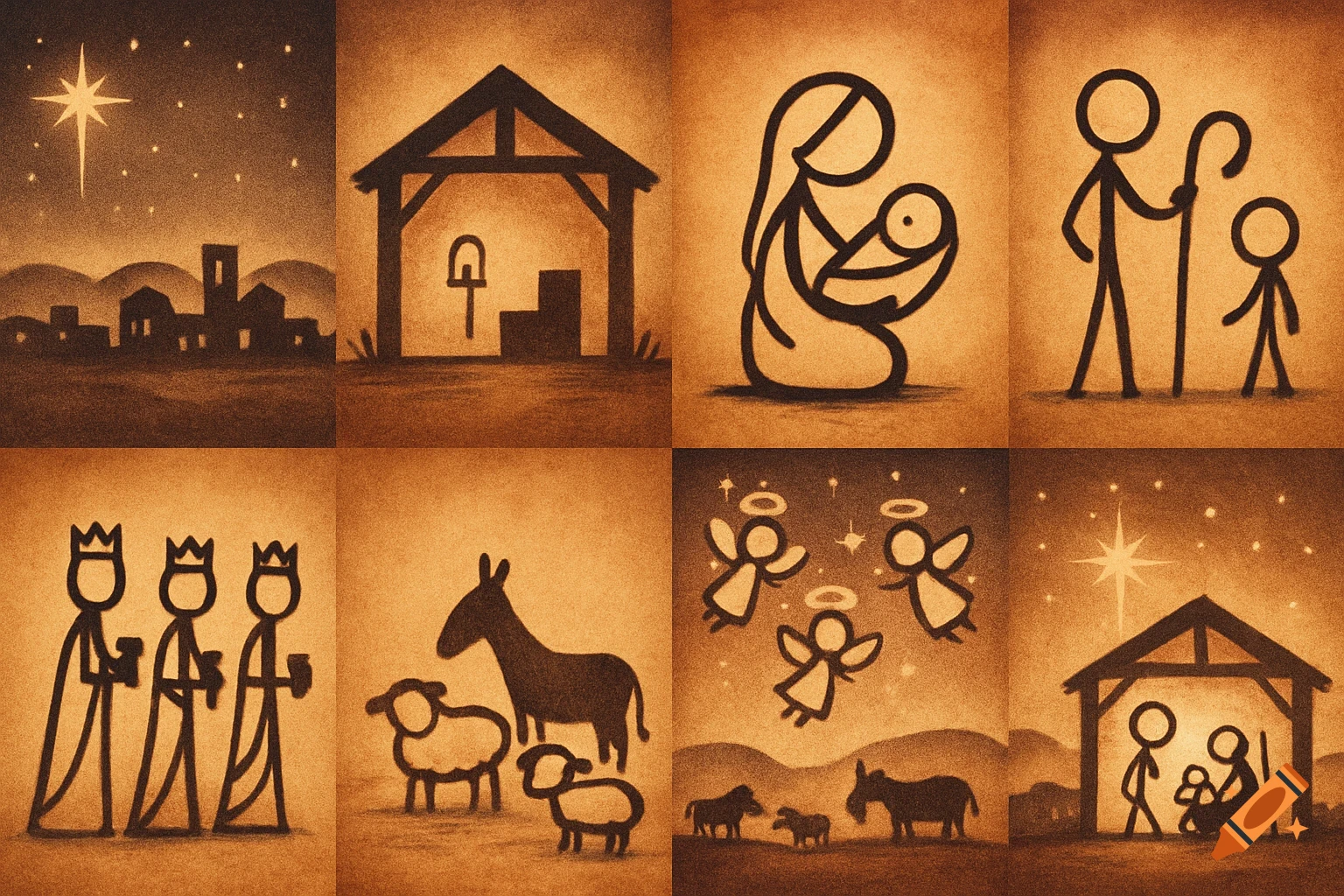 An 8-panel stick figure comic depicting scenes from the Nativity story, including Mary, Joseph, baby Jesus, angels, and the Three Kings.