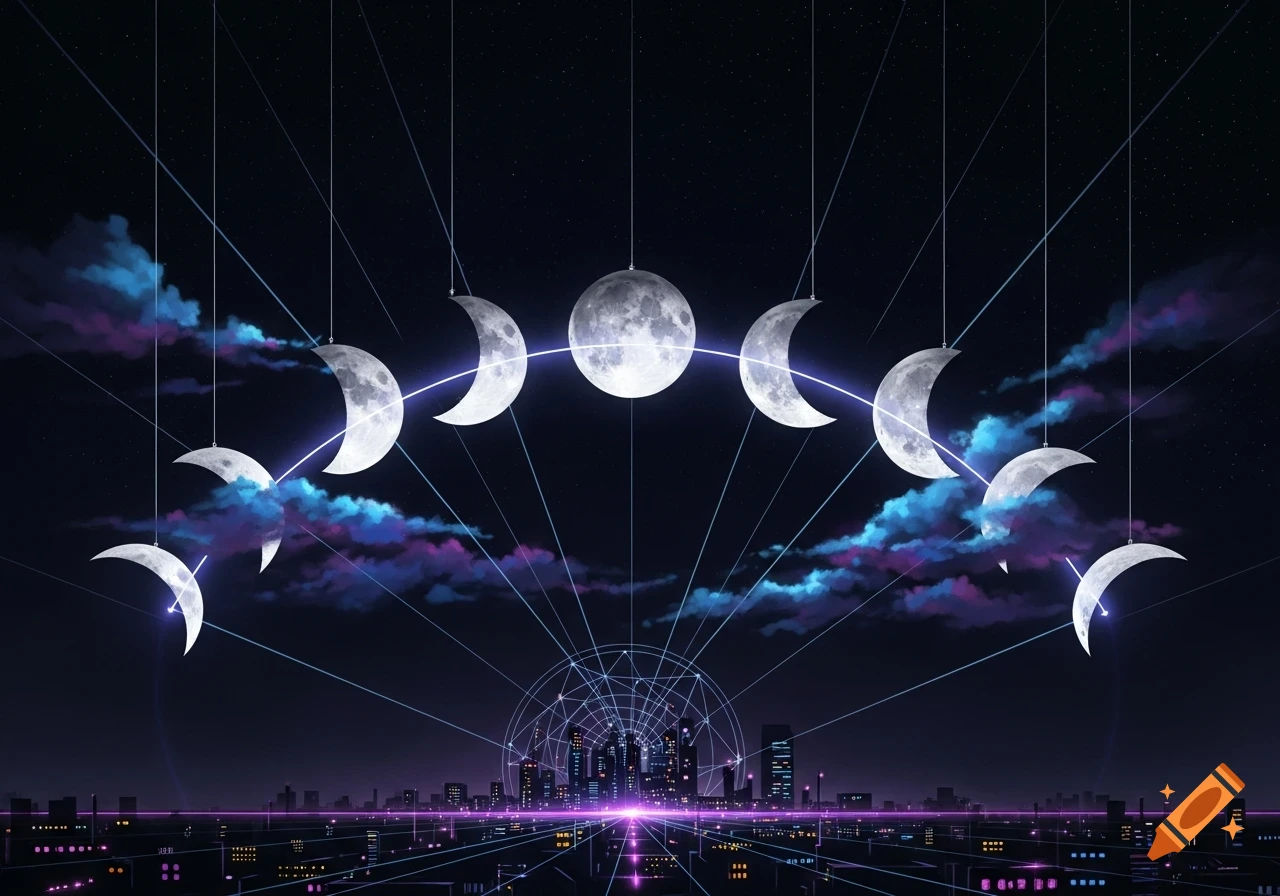 Moon phases arranged in an arc over a neon-lit futuristic city at night, with glowing lines connecting them.