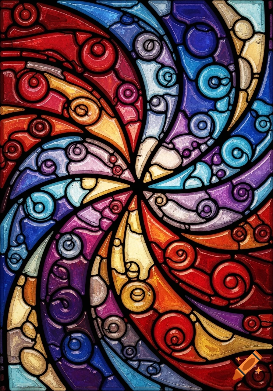 Vibrant, swirling abstract stained glass pattern with red, blue, yellow, and purple hues.