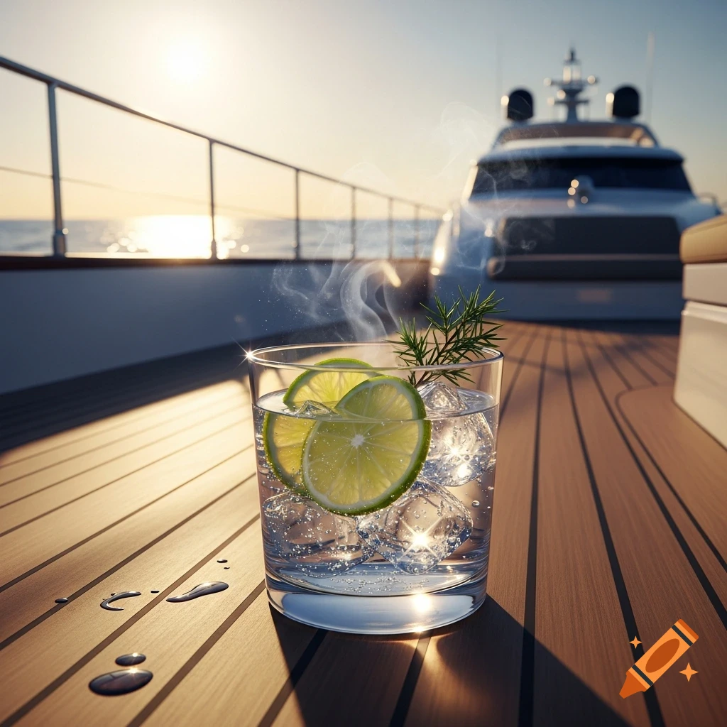 A refreshing gin and tonic with lime slices and ice sits on a wooden deck of a yacht at sunset, overlooking the ocean.