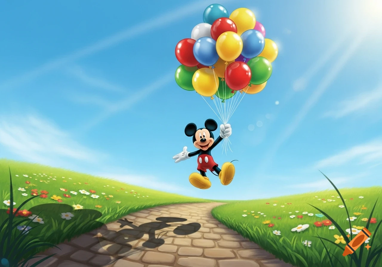 Mickey Mouse floats above a winding path in a sunny green field, holding a large bunch of colorful balloons.