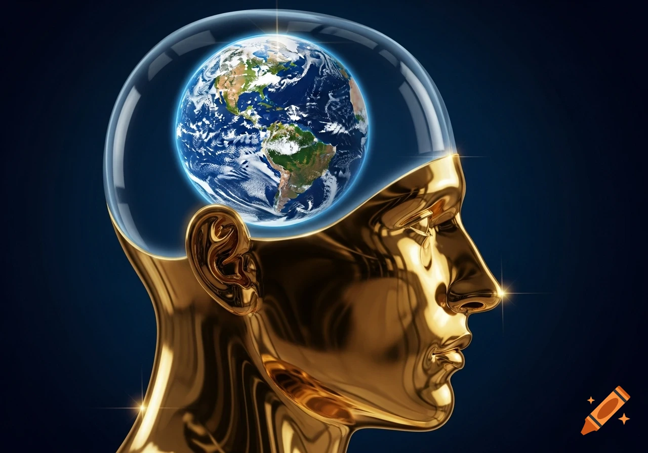 A golden, metallic human head in profile with a transparent skull holding a detailed Earth globe, set against a dark blue background.