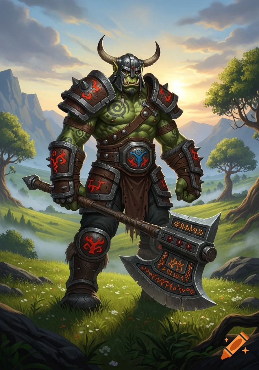 A muscular green orc in horned helmet and spiked armor stands in a vibrant green valley at sunset, holding a large double-bladed axe.