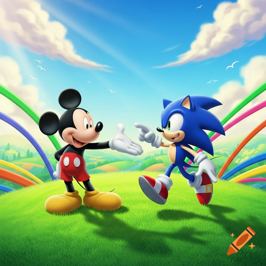 Mickey Mouse and Sonic the Hedgehog interacting in a vibrant green field under a blue sky with colorful arcs.
