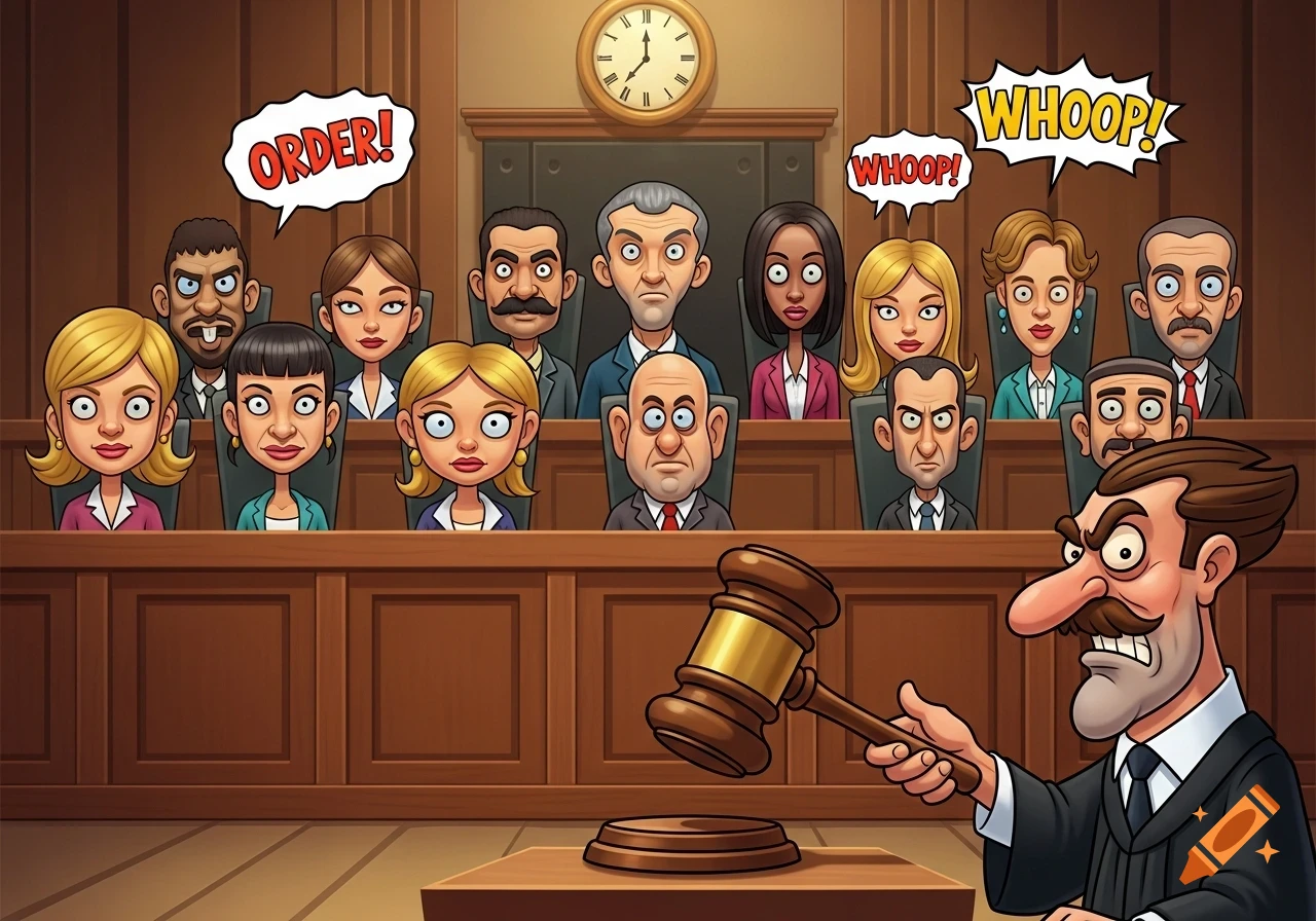 A cartoon judge bangs a gavel, yelling 'ORDER!' while people in the jury box and audience shout 'WHOOP!' in a courtroom scene.