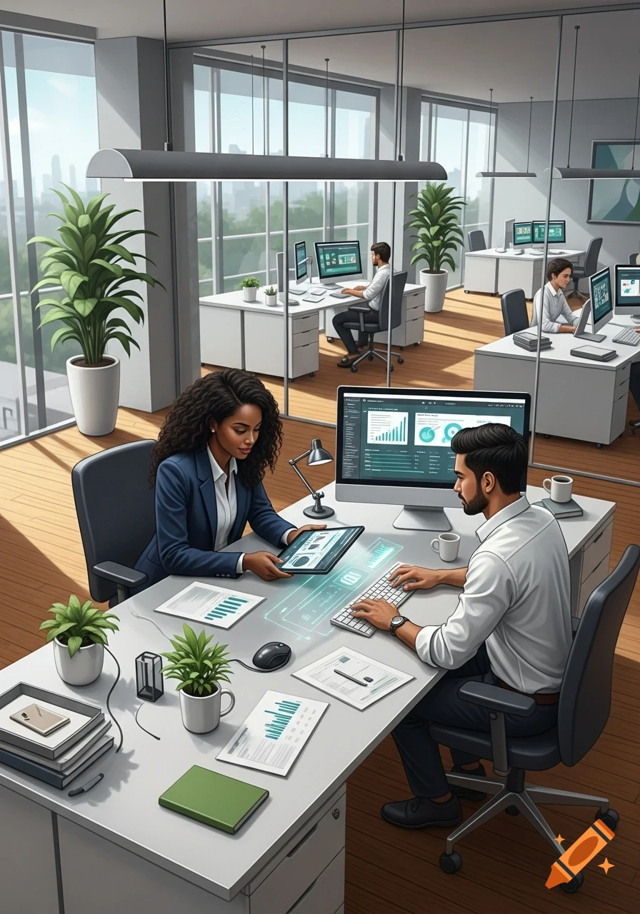 Two professionals, a Black woman and a Latino man, work together at a desk in a modern office, surrounded by colleagues.