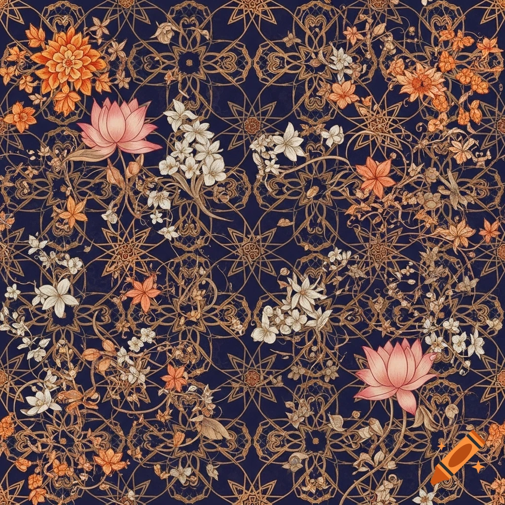 Intricate seamless pattern featuring various colored flowers and leaves intertwined with gold Islamic geometrical motifs on a dark blue background.