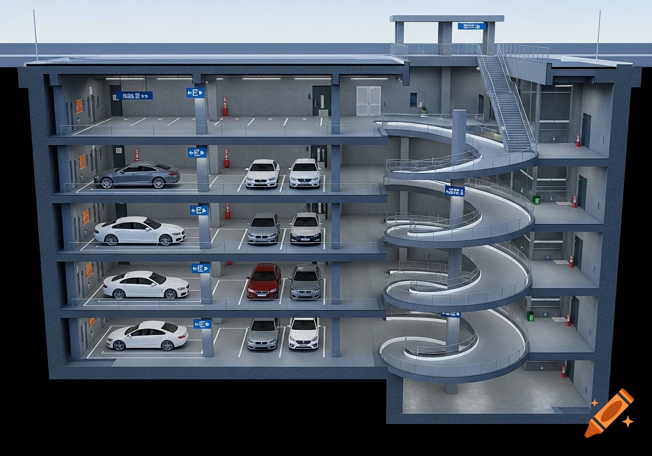 A 3D cross-section view of a multi-level underground parking garage with a spiral ramp, stairs, and several cars parked on each floor.