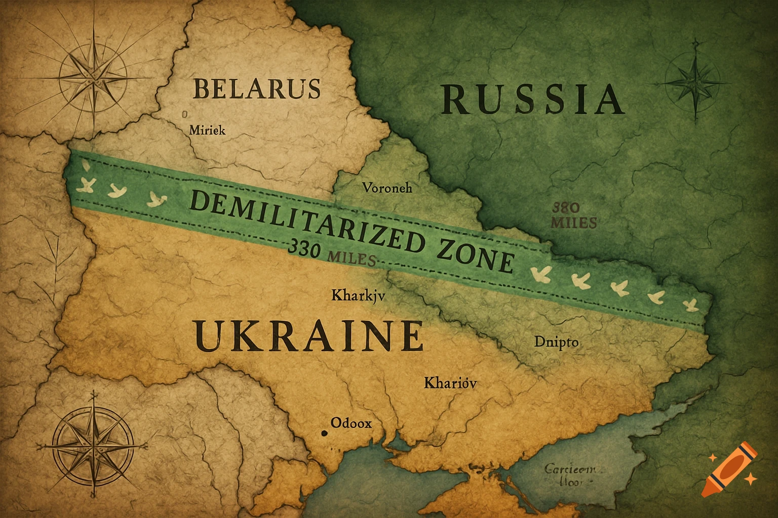 An old-style political map showing Belarus, Russia, and Ukraine, with a green demilitarized zone between Ukraine and Russia. Compass roses are in the corners.