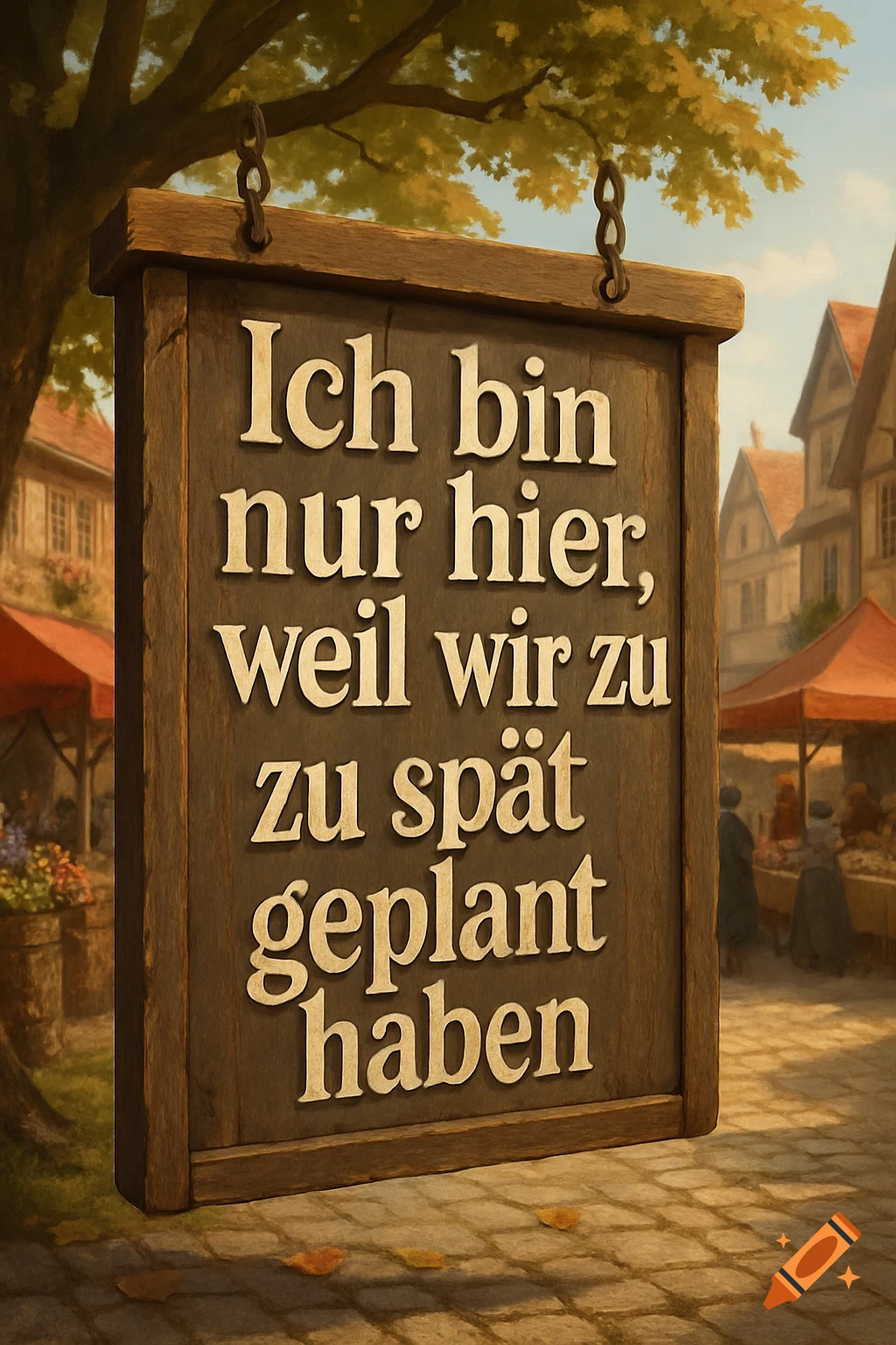 A rustic wooden sign with German text hangs from a tree in a painting of a European village square.
