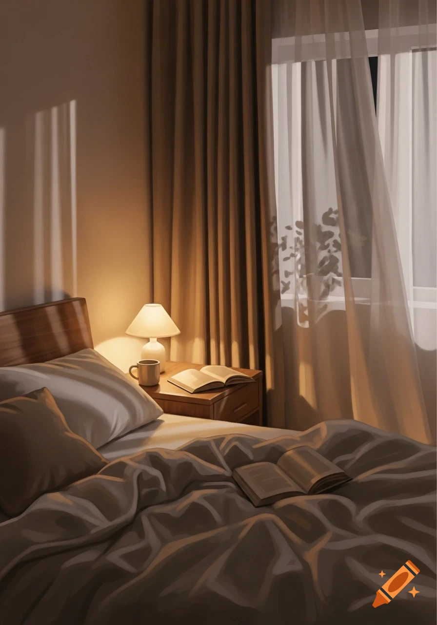 A cozy bedroom at night with warm light from a bedside lamp, a book, and a mug on a nightstand.