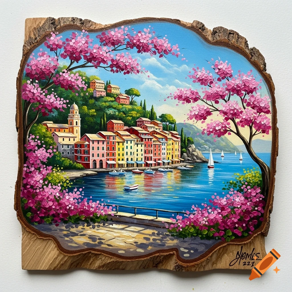 Vibrant painting on a wood slice of a colorful coastal town with pastel houses, boats in a bay, and pink flowering trees.
