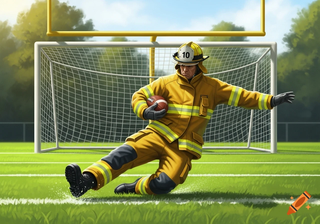 A firefighter in yellow gear slides across a green football field, holding a football. A goalpost stands in the background.
