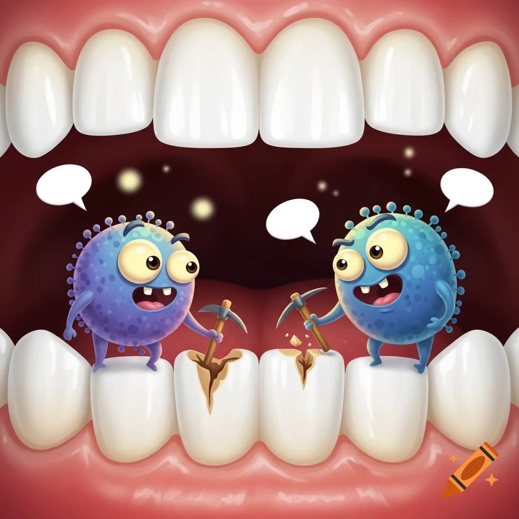 Two blue cartoon germs with pickaxes creating cavities in white teeth inside a mouth, depicted in a bright, illustrative style.