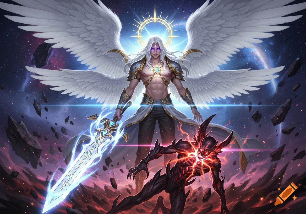 An angelic warrior with white wings and long hair stands over a defeated, dark, spiky demon in a cosmic battlefield filled with shattered debris, in a highly detailed fantasy art style.