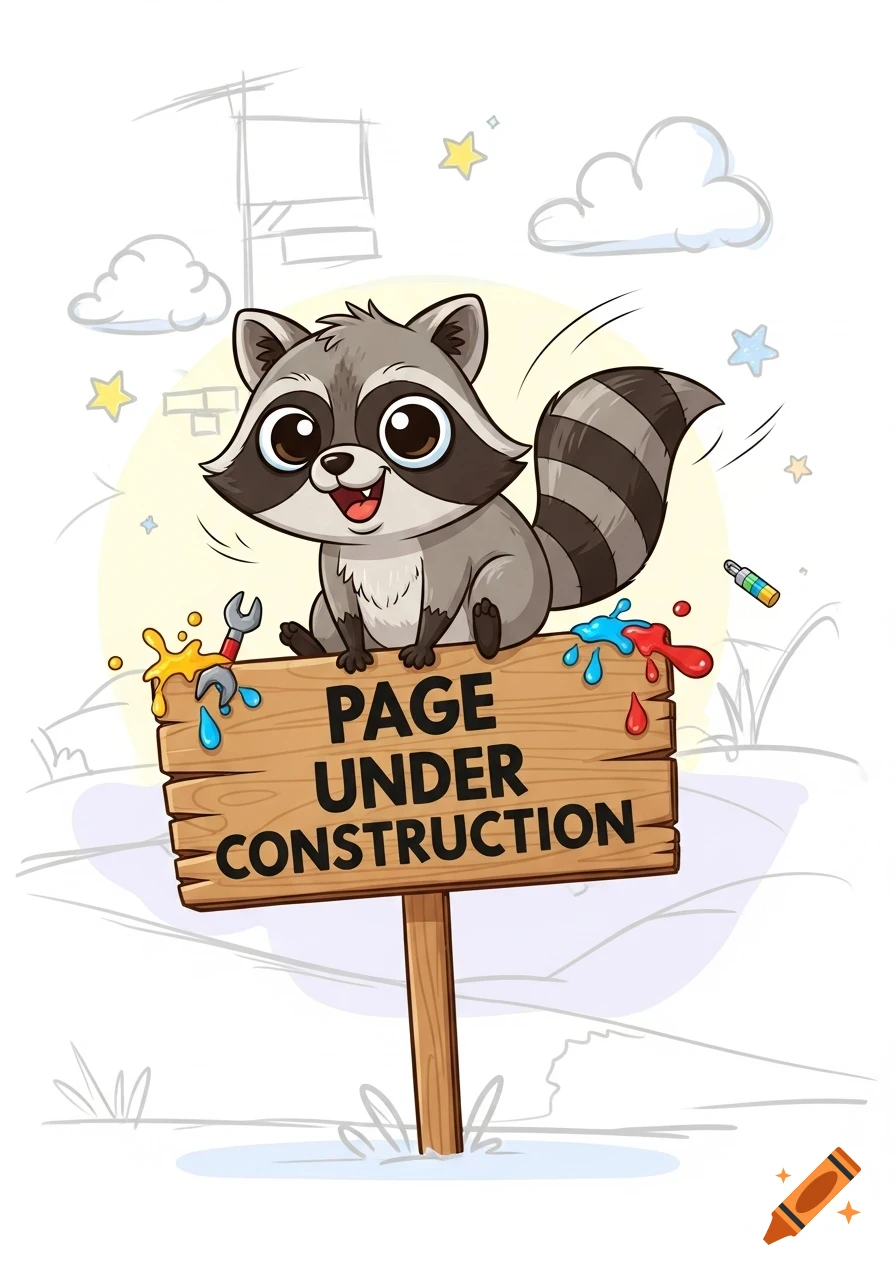 A cute cartoon raccoon sits on a wooden "PAGE UNDER CONSTRUCTION" sign with paint splatters, against a background of unfinished sketch lines and clouds.