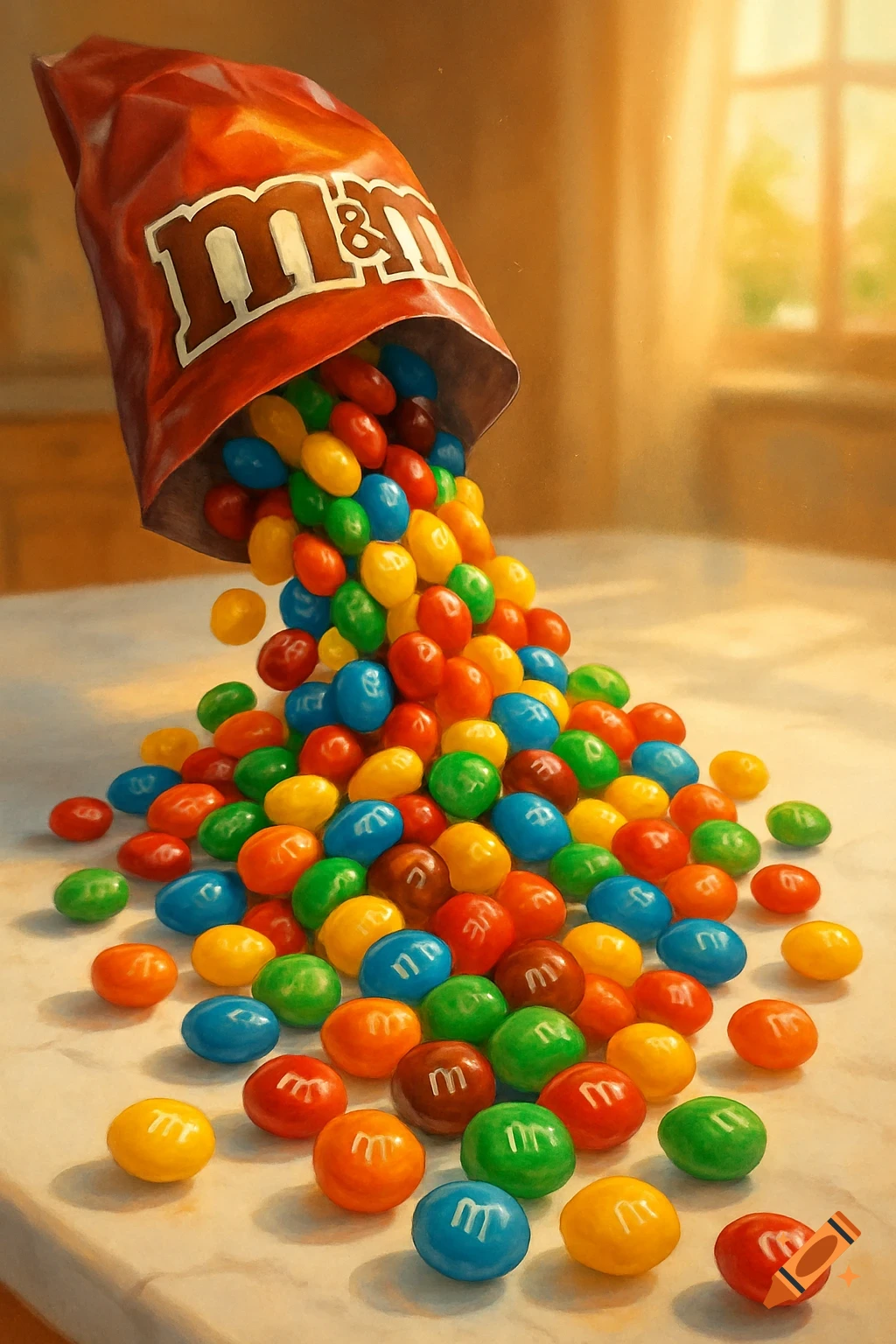 A red M&M's bag spilling colorful M&Ms onto a table, in a realistic illustration.