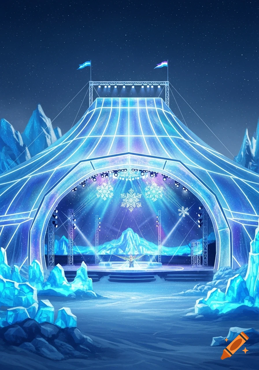 An ultramodern winter ice-themed circus tent stage glowing with LED lights and surrounded by icy formations under a starry night sky.
