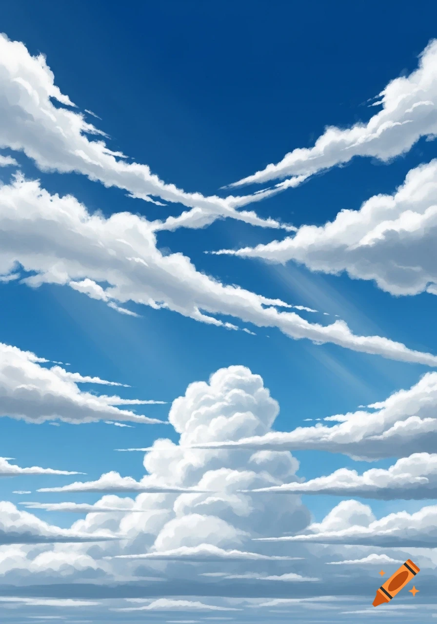 A vibrant blue sky filled with fluffy white clouds and sun rays, illustrated.