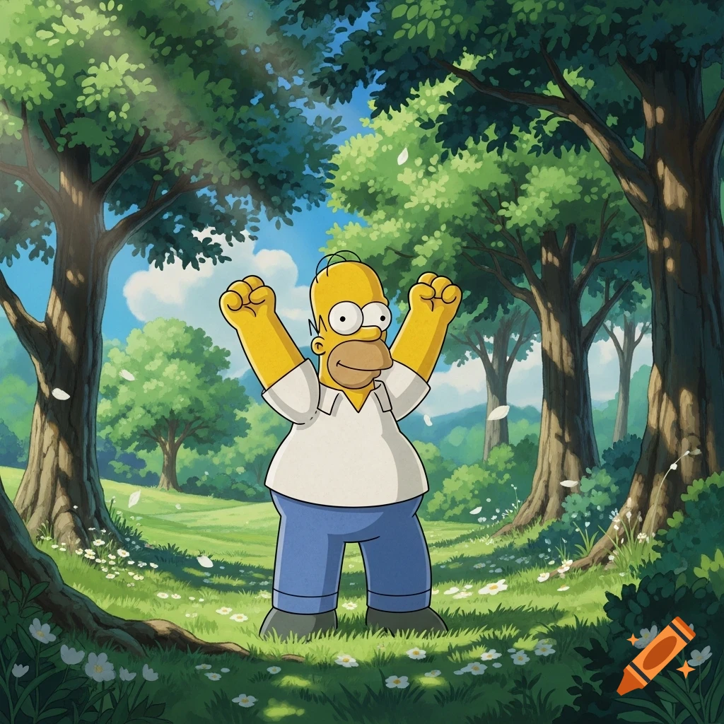 Homer Simpson, in a Studio Ghibli art style, raises his fists in joy in a lush, sun-dappled forest clearing.