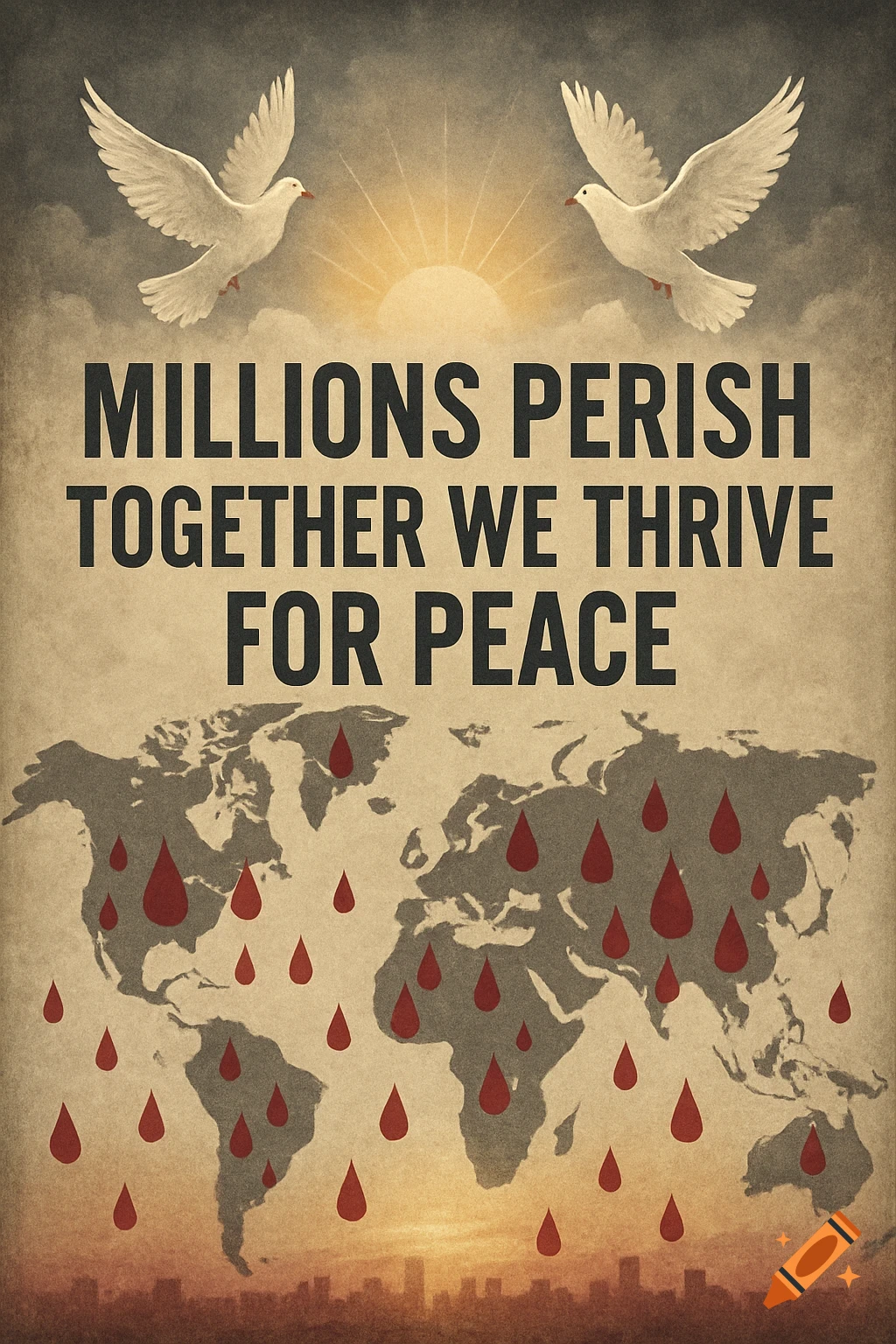 A distressed poster features two white doves flying towards a radiant sun over text that reads "MILLIONS PERISH TOGETHER WE THRIVE FOR PEACE." Below, a world map is shown with many red blood-like drops falling upon it, above a subtle city skyline at sunset.