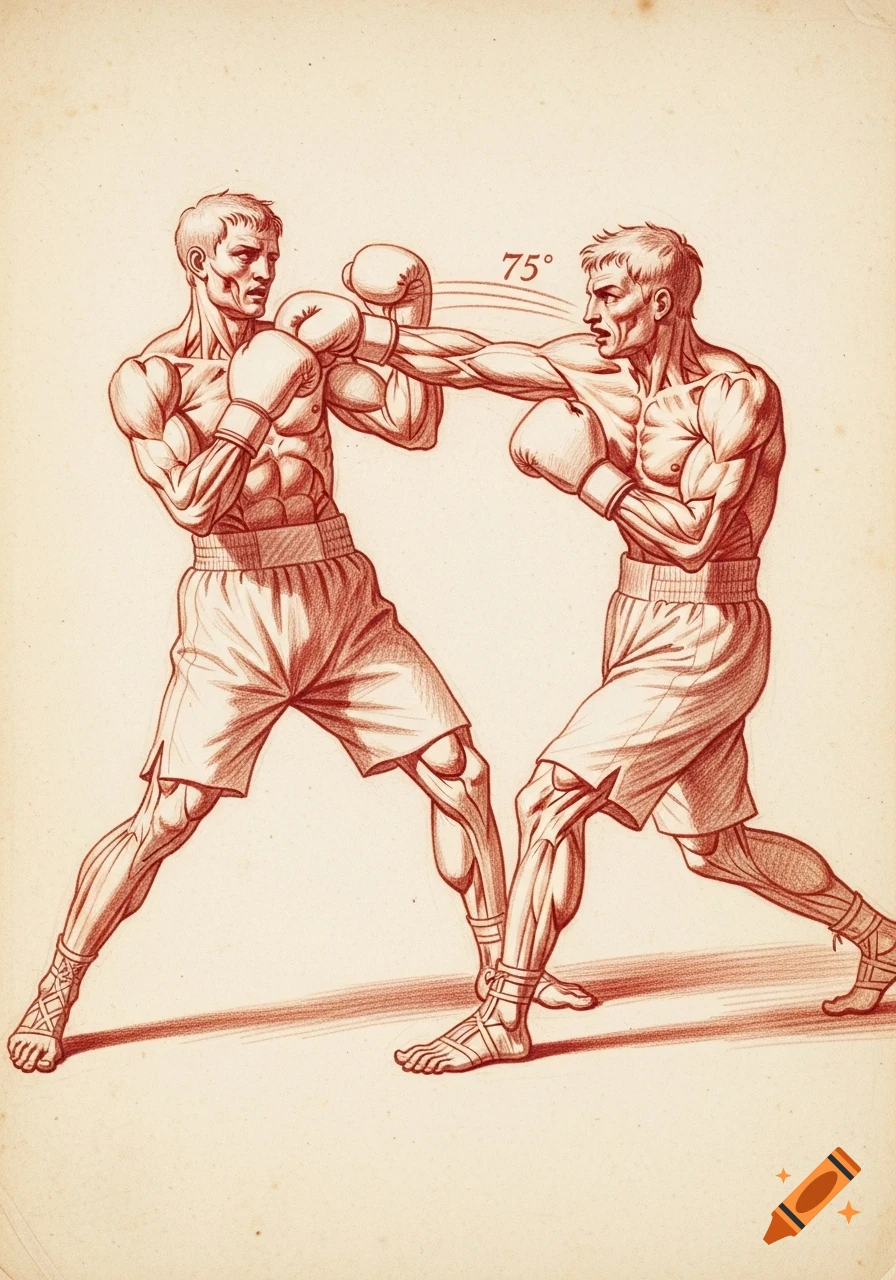 Red chalk drawing of two male boxers in combat, one throwing an uppercut labeled "75",