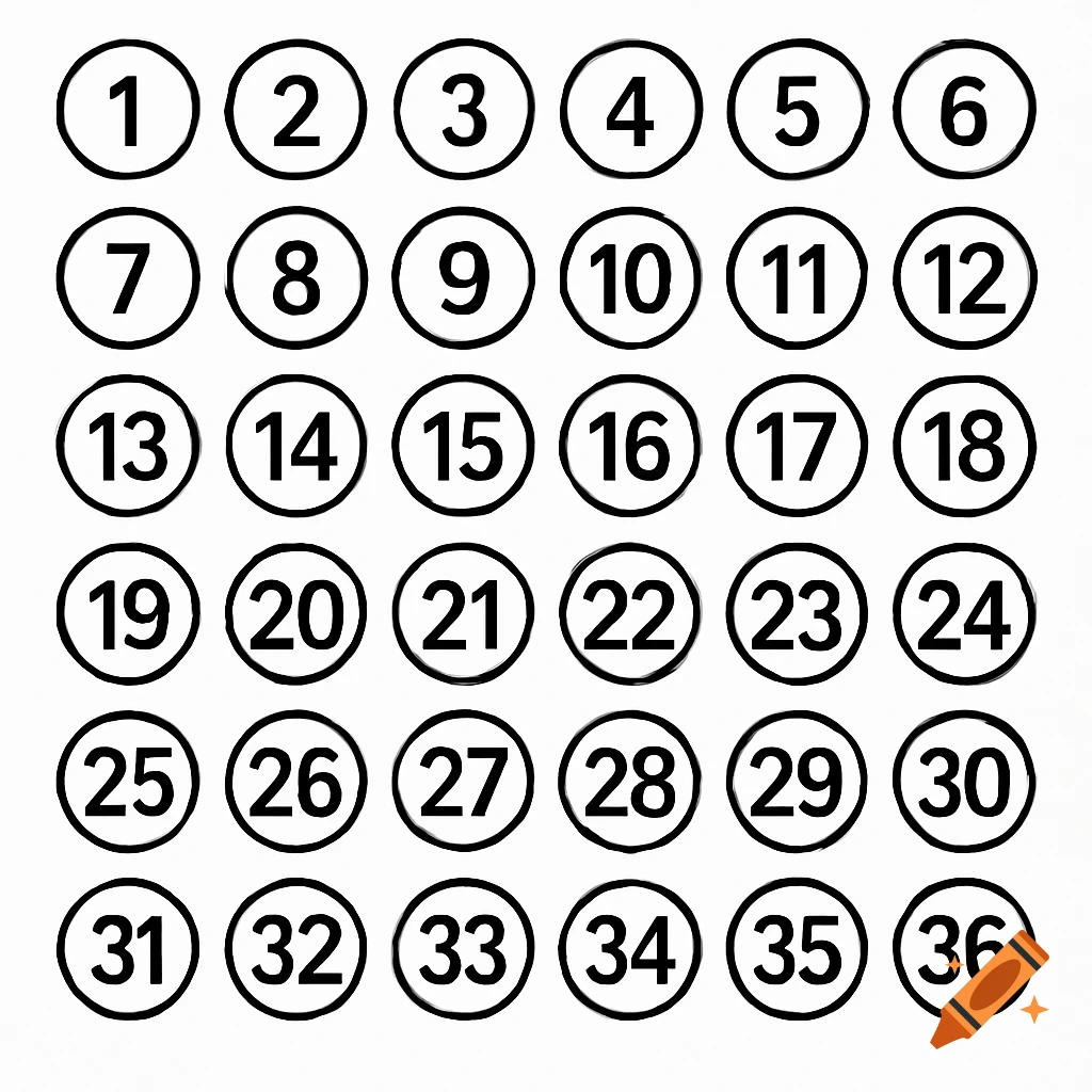 A grid of thirty-six black numbers, from 1 to 36, each enclosed in a black-bordered circle on a white background.