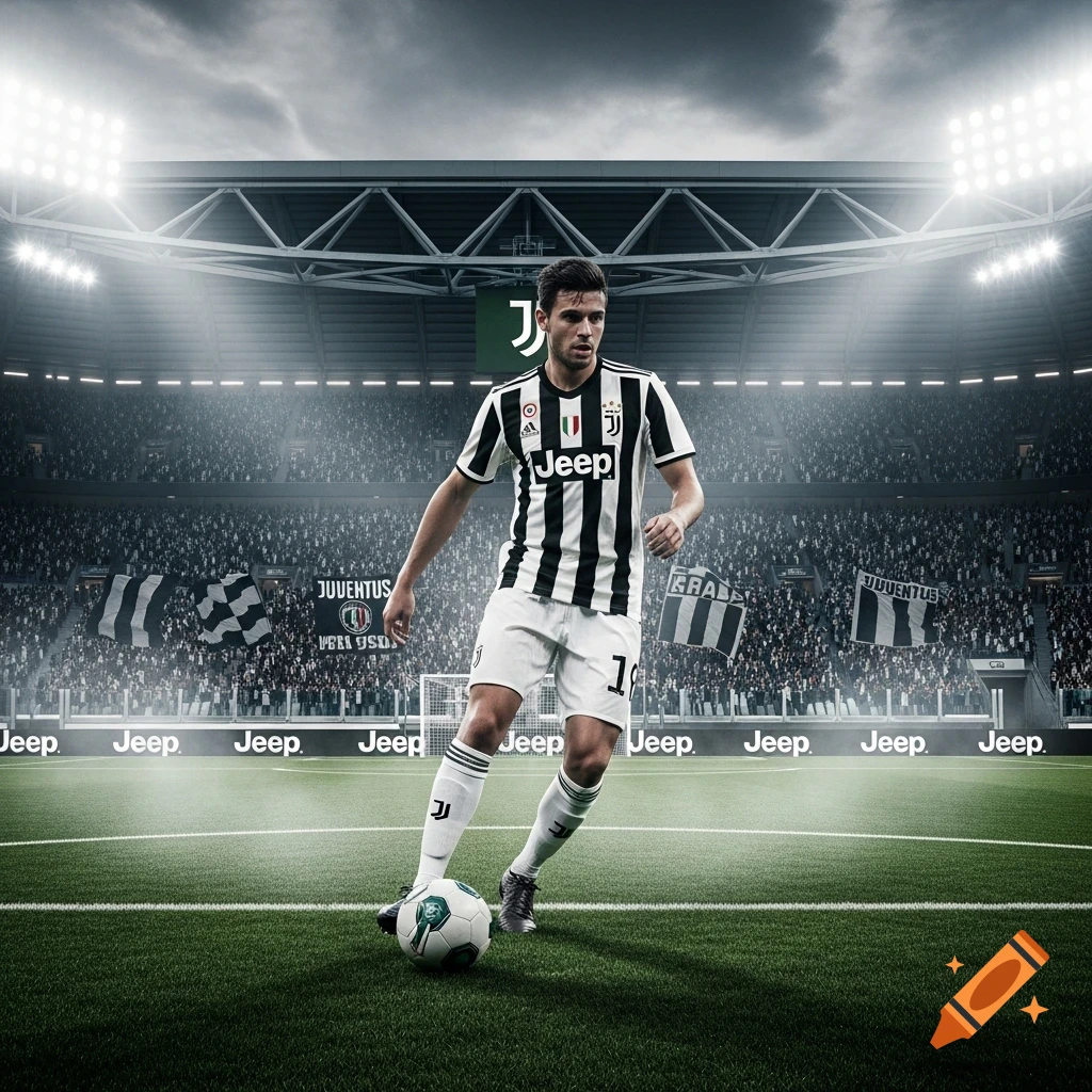 Photorealistic image of a Juventus soccer player in a black and white striped jersey dribbling a ball on a green field in a large, lit stadium filled with fans.
