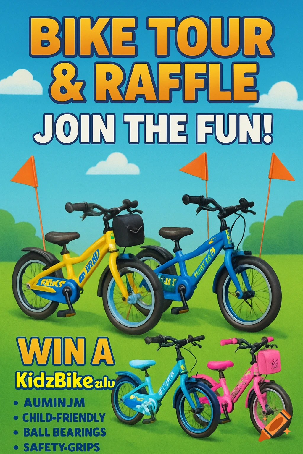 A colorful poster for a 'Bike Tour & Raffle' event, featuring four children's bicycles in yellow, blue, light blue, and pink, on a green hill under a blue sky with white clouds. Text promotes winning a 'KidzBike' and lists features.