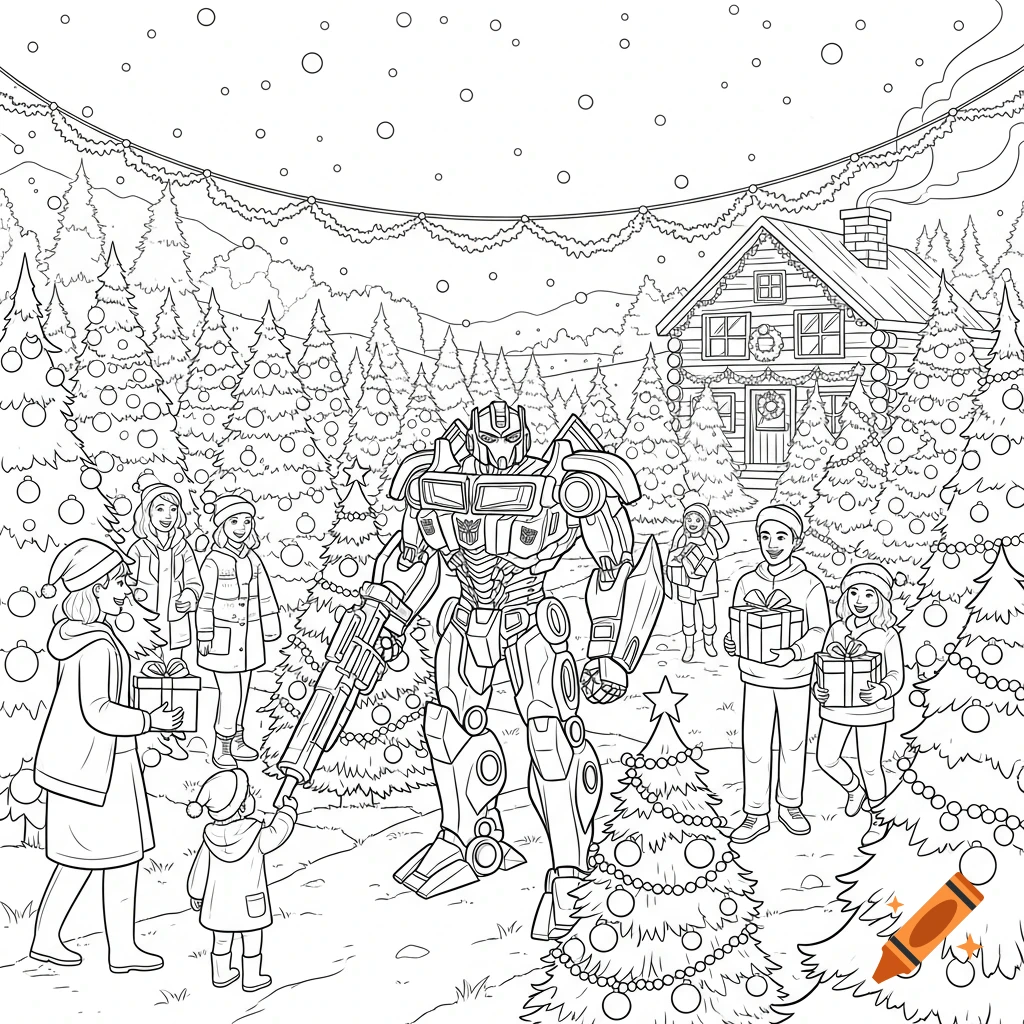 A black and white coloring book page featuring Optimus Prime with children, Christmas trees, and a cabin in a snowy landscape.