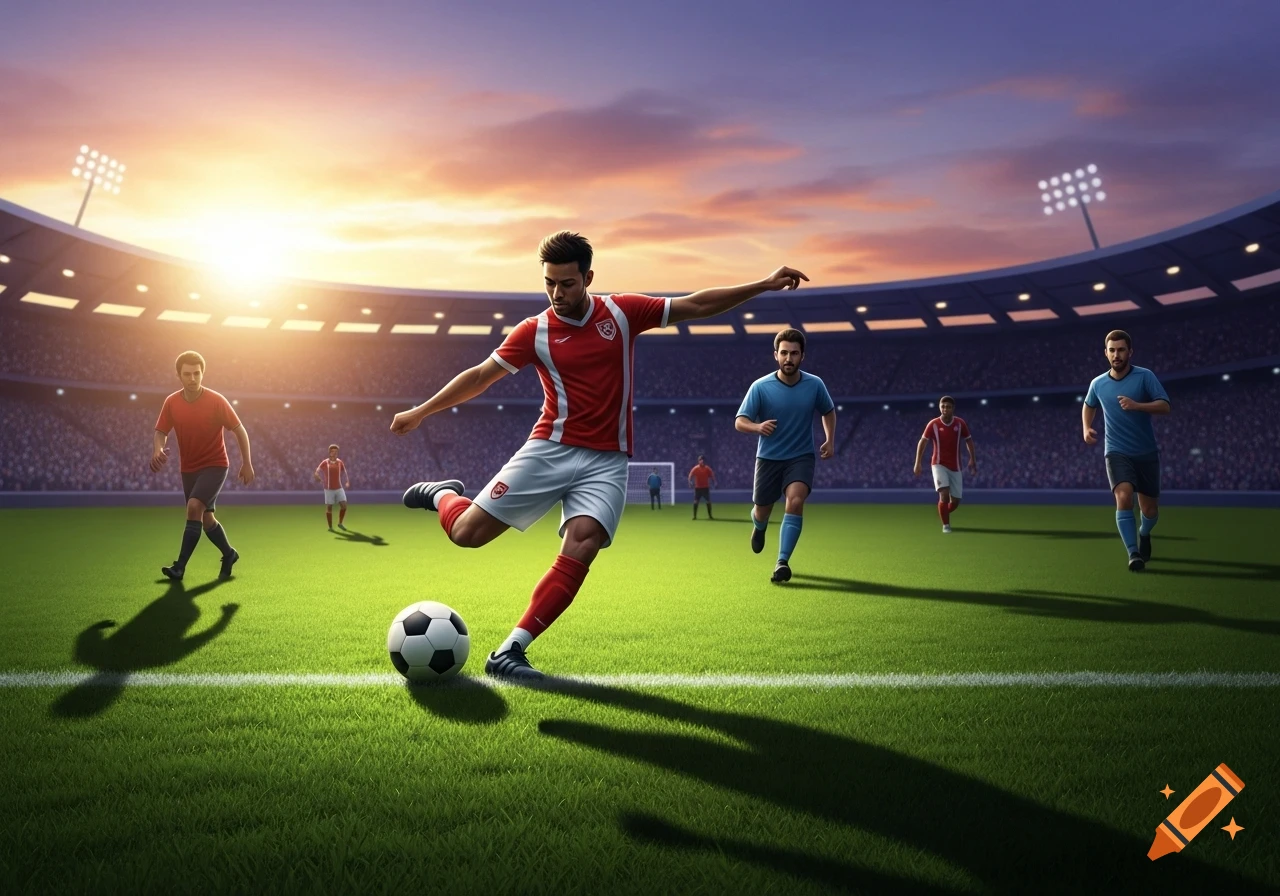 A soccer player in a red and white uniform kicks a football on a green field in a stadium at sunset, with other players and bright lights in the background.