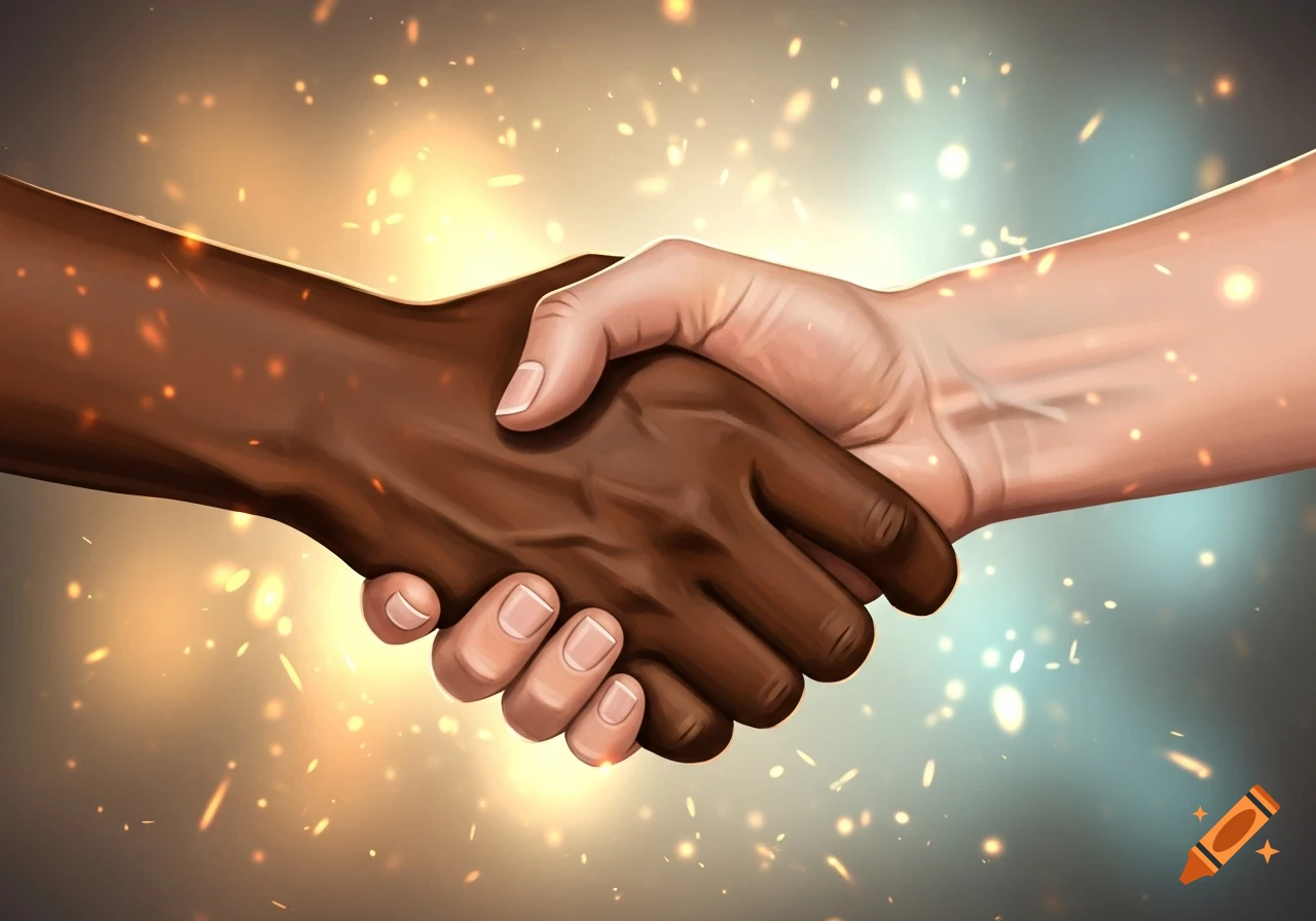 An illustration of a dark-skinned hand shaking a light-skinned hand, set against a bright, sparkling background.