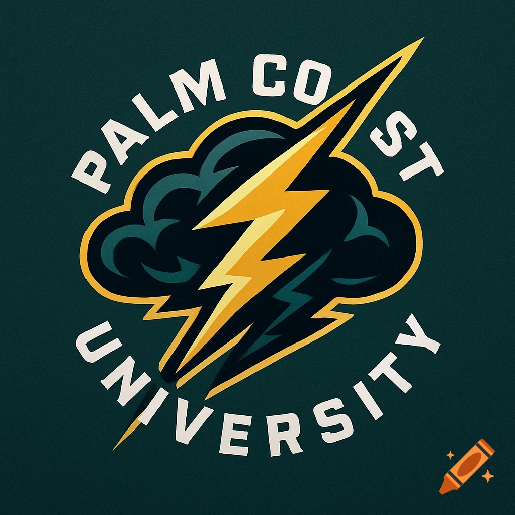 Palm Coast University college football logo featuring a yellow lightning bolt and dark teal clouds on a dark green background.