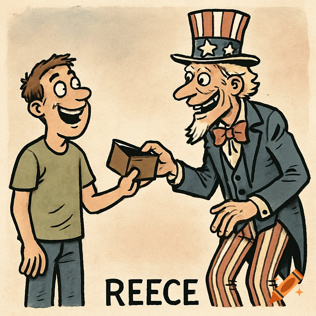 Political cartoon of a smiling man named Reece happily handing his wallet to an eagerly accepting Uncle Sam.