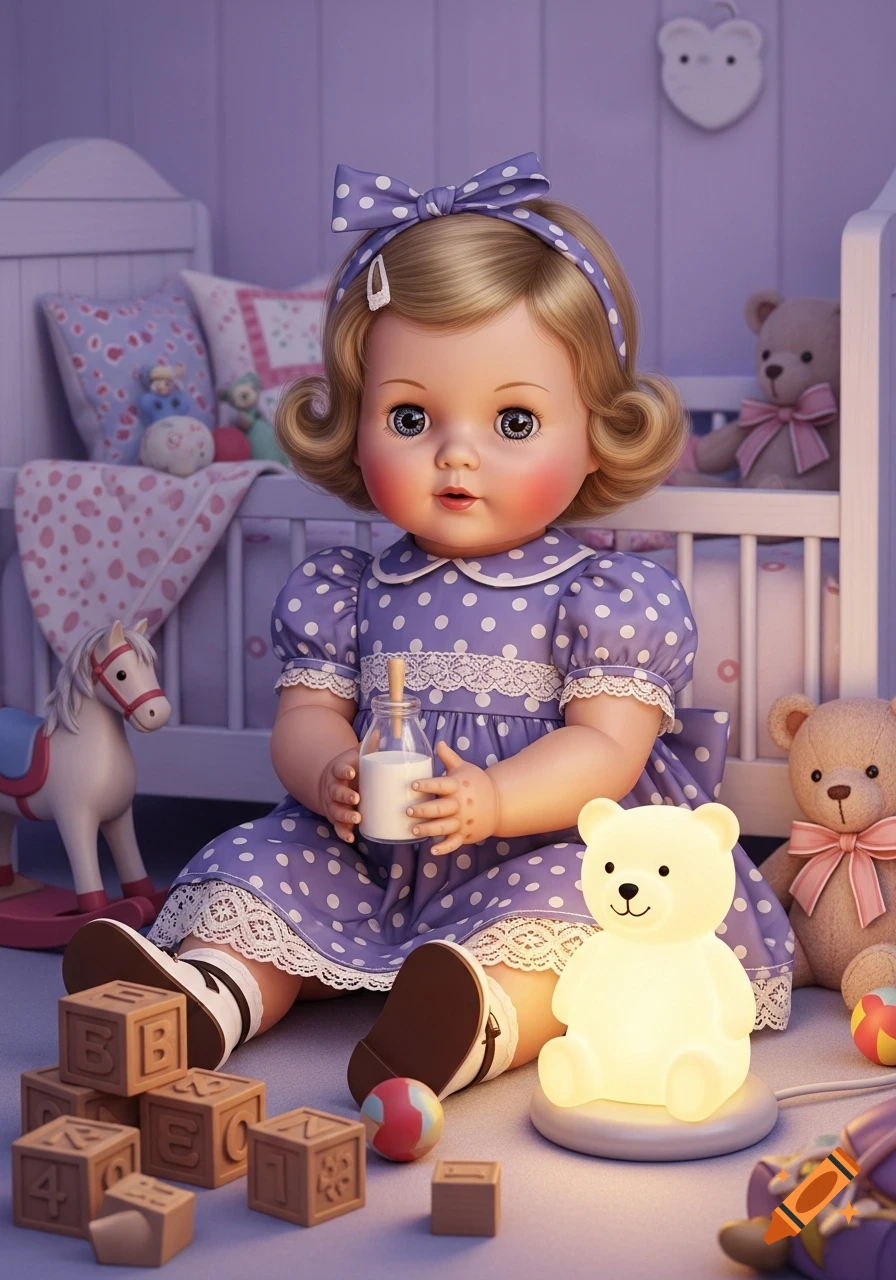 A vintage-style doll in a purple polka-dot dress sits, holding a milk bottle, surrounded by wooden blocks and a teddy bear nightlight.