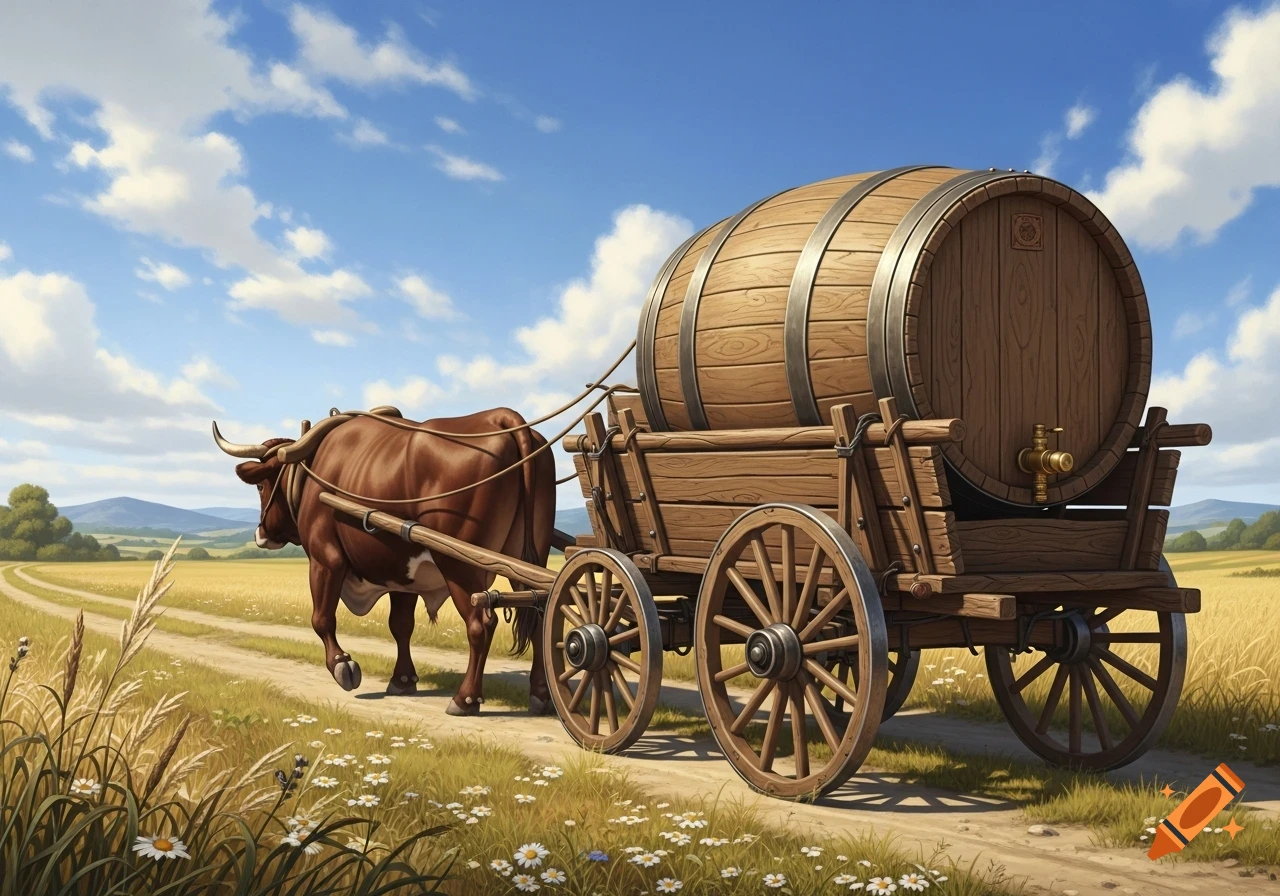 A brown ox pulls a wooden wagon with a large wooden barrel down a dirt path through a golden field under a blue sky.