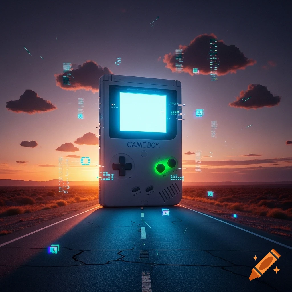 A large retro Game Boy console stands on a deserted highway at sunset, surrounded by glowing digital data streams.