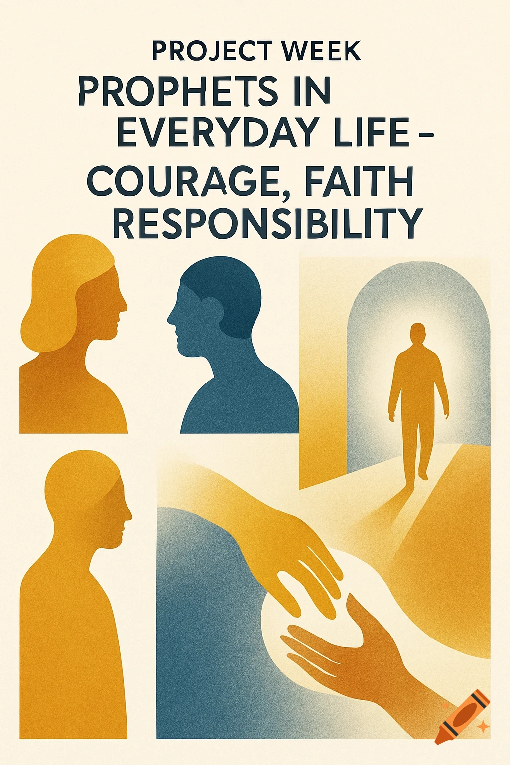Stylized poster with golden and blue silhouettes of people, hands, and a light-filled archway. Text: Project Week Prophets in Everyday Life - Courage, Faith Responsibility.