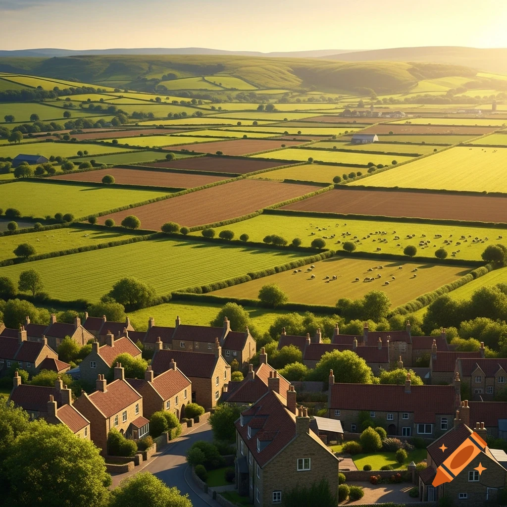 Aerial view of a village with brown-roofed houses nestled among green and brown agricultural fields under a bright sky.