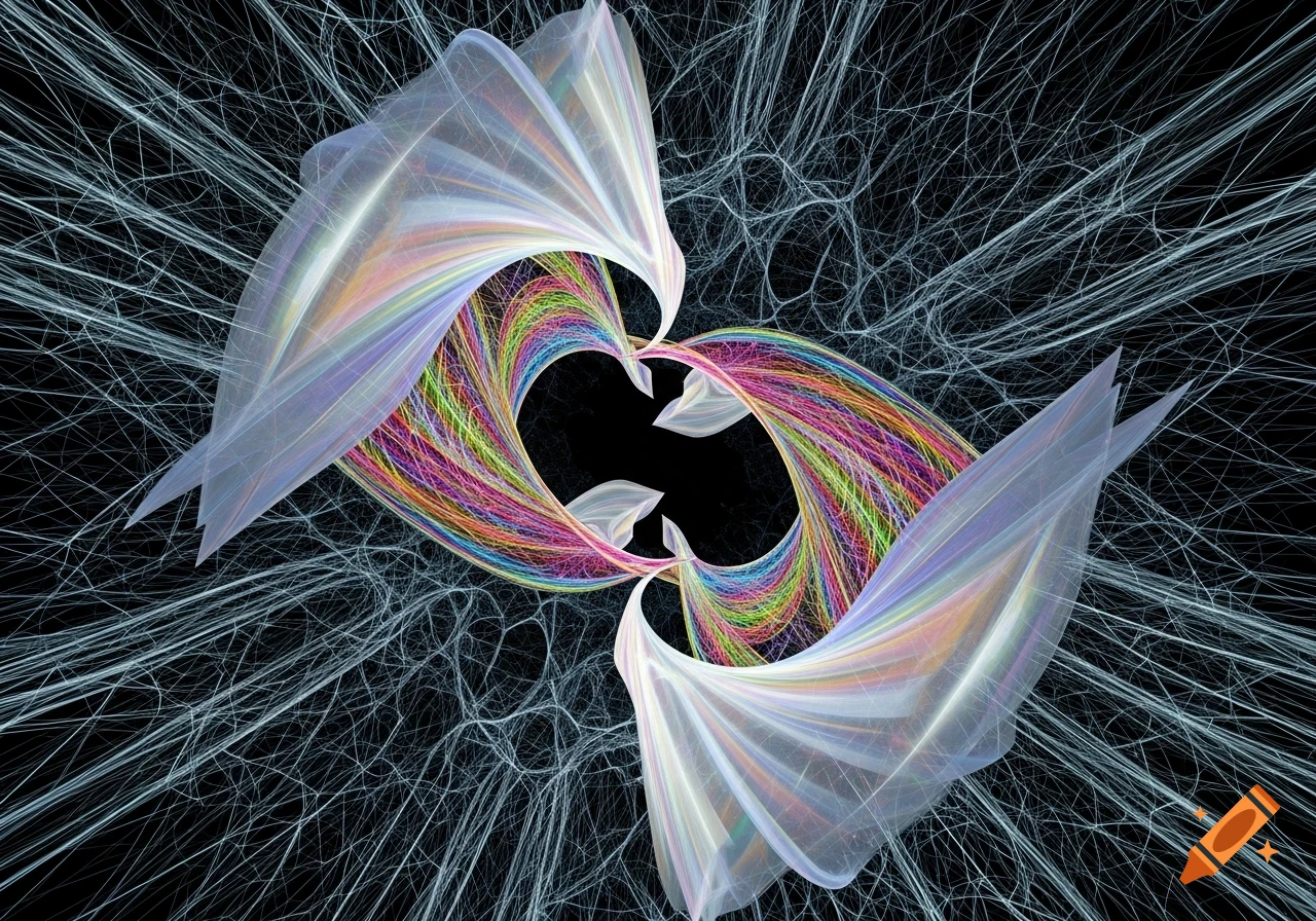Abstract digital art with iridescent, flowing, symmetrical fractal shapes in rainbow colors against a dark, web-like background.