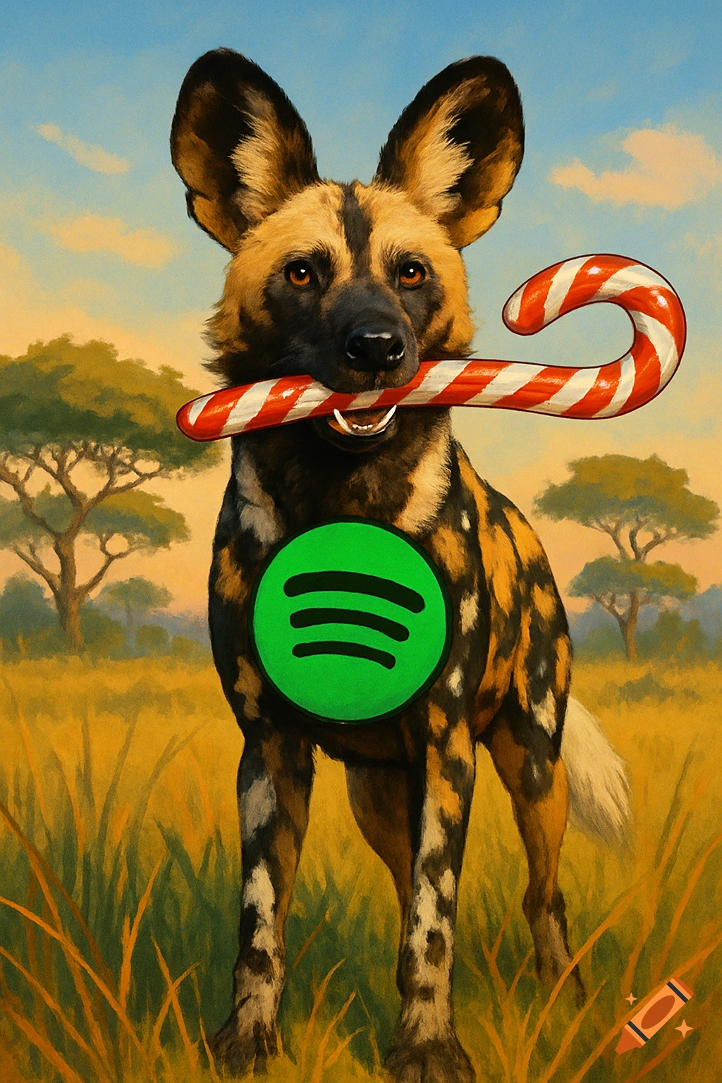 A painted African wild dog holds a red and white candy cane, with a green Spotify logo on its chest, in a savanna landscape.